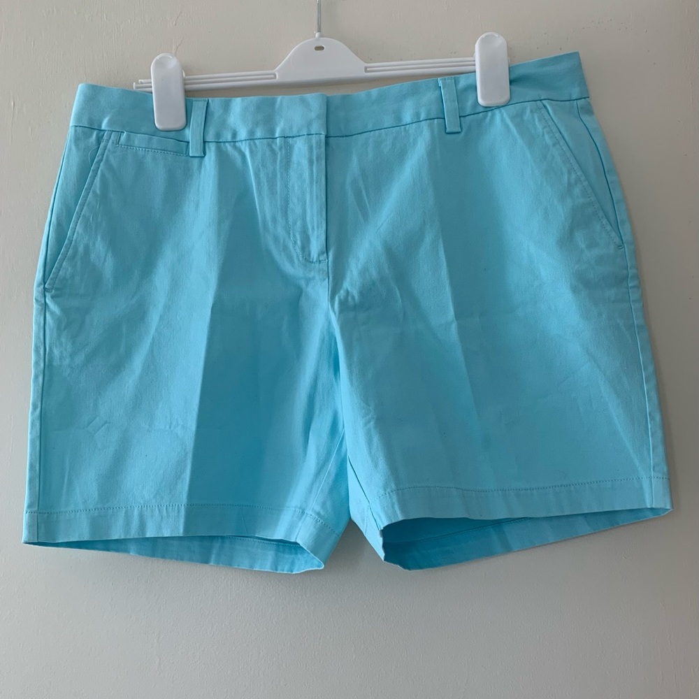 Lands End Women 16P Petite Shorts Aqua Blue Mid Rise Cotton Spandex Chino NWT